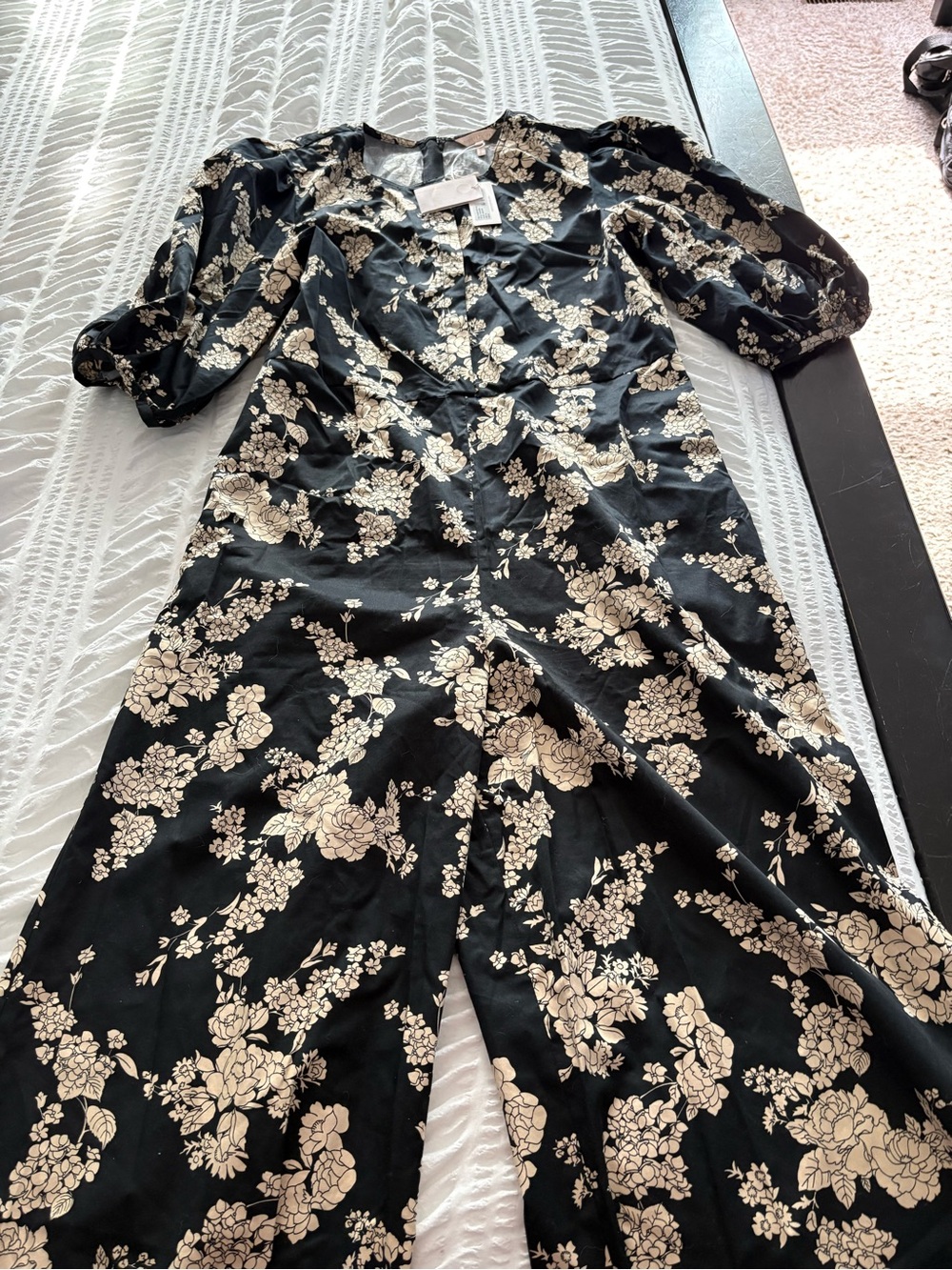 NWT Rebecca Taylor Floral Wide-Leg Jumpsuit in Black and Cream - Picture 4 of 4